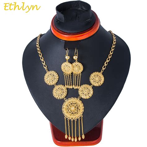 Ethlyn Luxury Nigerian Bride Gold Color Necklace Earrings Two Pcs