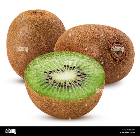 Two Kiwi Fruit One Cut In Half Isolated On White Background Clipping