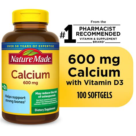 Nature Made Calcium 600 mg with Vitamin D3 Softgels, Dietary Supplement