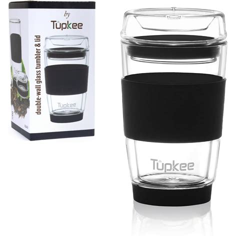 Tupkee Double Wall Glass Tumbler All Glass Reusable Insulated Tea Coffee Mug And Lid Hand Blown