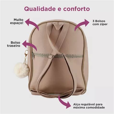 Mochila Feminina Universitária Couro Média Escolar Barata Cor Nude Desenho Do Tecido Coração