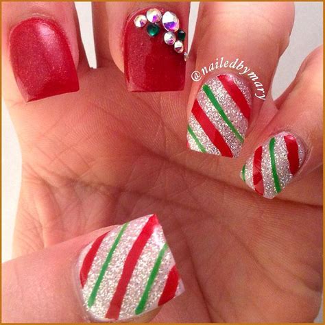 Red Green White Glitter Candy Canes Square Christmas Nails Christmas