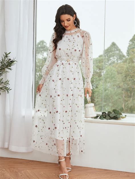 Shein Najma Embroidery Mesh Overlay Shirred Waist Dress Shein