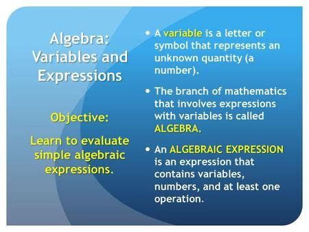 Algebra Vocabulary: Variables and Expressions