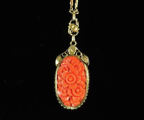 Vermeil Carved Coral Necklace Koblenz Co Antique Estate Jewelry