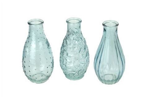 Set Of 3 Light Blue Decorative Textured Glass Bottle Bud Vases 575