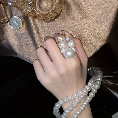 Exaggerated Faux Pearl Ring Inlaid Shiny Stone Normcore Temu