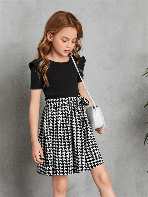 SHEIN Kids FANZEY Girls Houndstooth Print Belted Dress | SHEIN USA