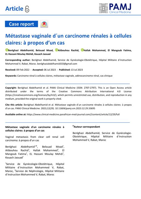 PDF Métastase vaginale dun carcinome rénales à cellules claires