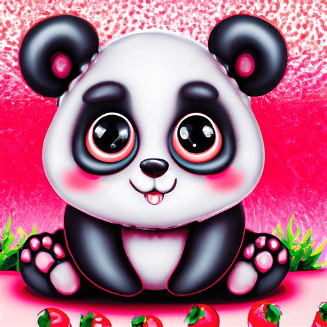 Kawaii Panda Zittend Met Aardbeiachtergrond Creative Fabrica