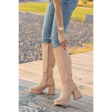 Topuklu Kadın Çizme NUDE CİLT