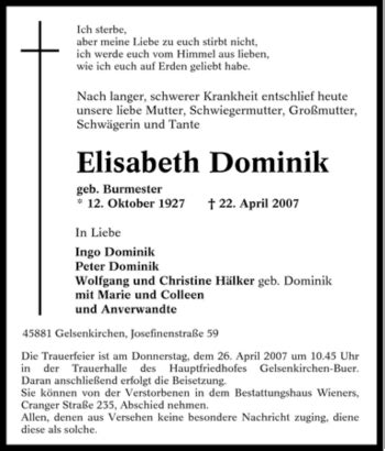 Traueranzeigen Von Elisabeth Dominik Trauer In Nrw De