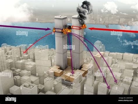 September 11 Twin Towers attacks. Illustration showing the impact zones on the South Tower (left ...