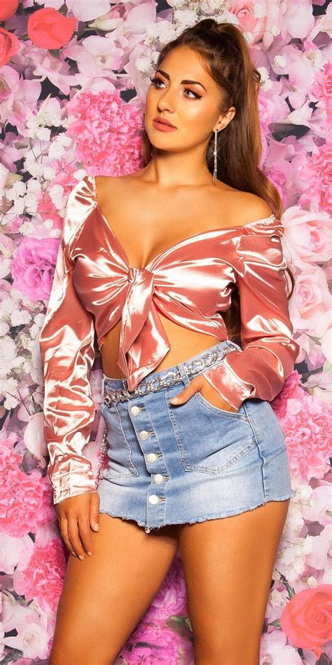 Damen Crop Top Satin Look Bluse Elegant Festlich Sexy Bluse Top