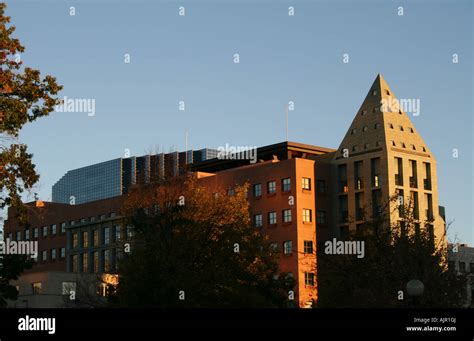 Modern architecture of The Denver Public Library at dusk Colorado ...