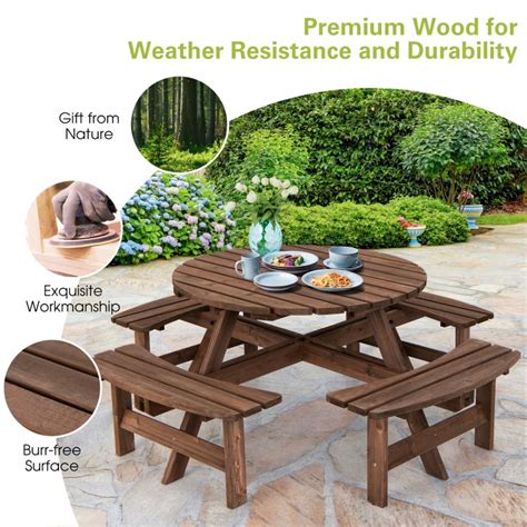 Patio 8 Seat Wood Picnic Dining Seat Bench Set Costway