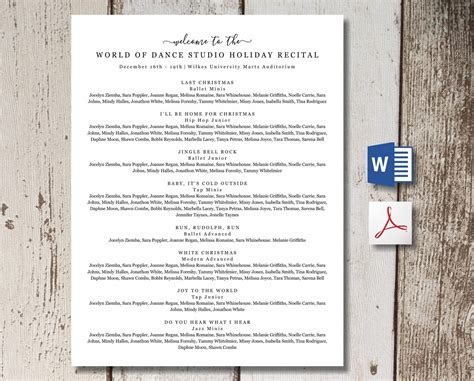 Dance Recital Program Template Printable Piano Recital Etsy