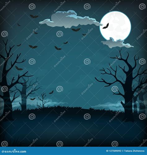 Spooky Night Background With Full Moon Clouds Bats Bare Trees And