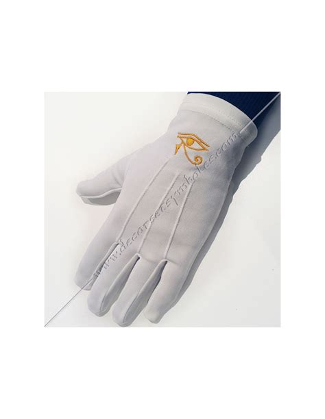 Gants Maconniques Blanc Coton Et Lycra Avec Broderie Oudjat Or Asymetriques