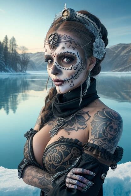 Premium Photo Realistic Sugar Skull Steampunk Woman With Tattoo