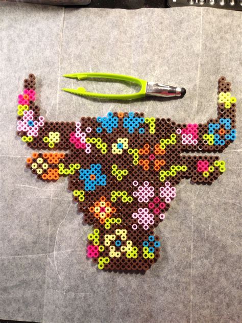 Flowered Longhorn Cross Stitch Pattern Altered For Perler Beads By