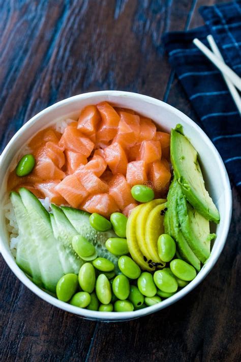 Hawaiian Poke Bowl with Salmon, Edamame, Takuan, Avocado, Cucumber ...