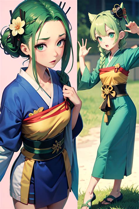 Anime Skinny Small Tits 50s Age Shocked Face Green Hair Braided Hair