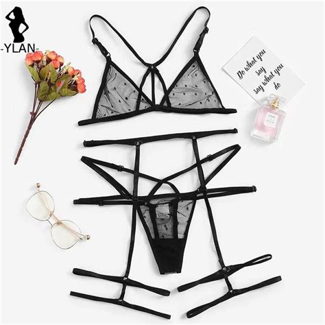 Billionm Women Lingerie Sexy Bra Thongs Garters Set Polka Dot Mesh