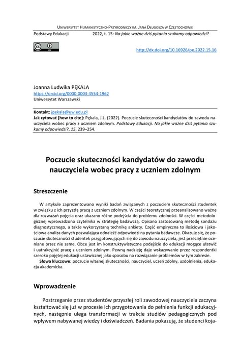 Pdf Poczucie Skuteczno Ci Kandydat W Do Zawodu Nauczyciela Wobec