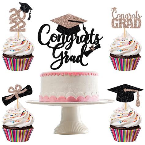 Buy Congrats Grad Cake Topper Rose Gold And 24pcs Graduation Cupcake