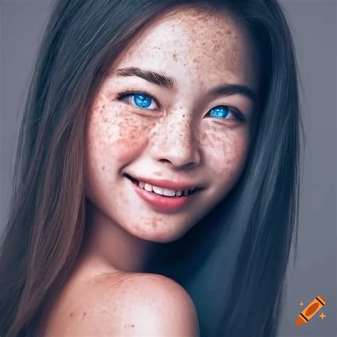 Portrait of a beautiful young woman with freckles and blue eyes on Craiyon