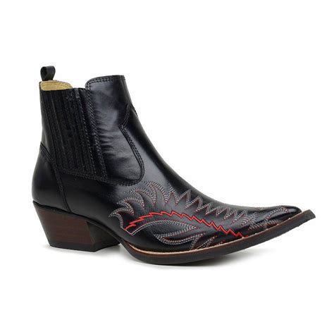 Botina Country Masculina Bico Fino Couro Mustang Preto JM Country