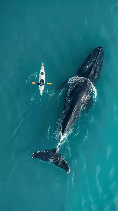 A Man Kayaks Next To A Large Blue Whale In The Ocean Whale Ocean