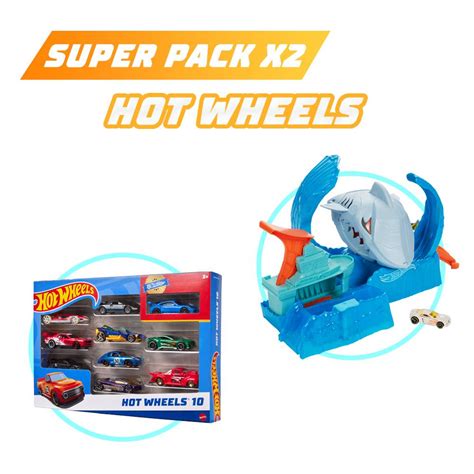 SET PISTA DE CARRERAS HOT WHEELS X2 ROBO TIBURÓN SET 10 AUTOS DE JUGUETE