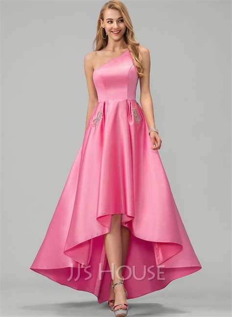 A Line One Shoulder Asymmetrical Satin Prom Dresses With Beading Pockets 018220246 Jjs House