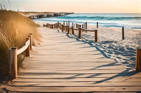 Premium AI Image A Boardwalk Leads To The Beach With A Wooden Walkway