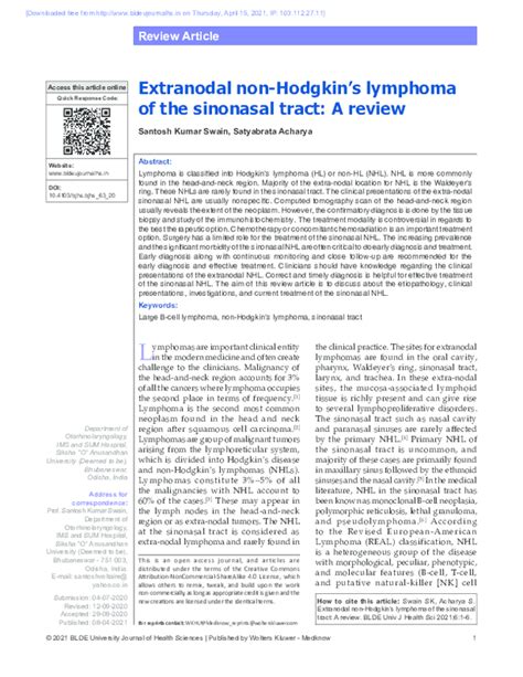 Pdf Extranodal Non Hodgkins Lymphoma Of The Sinonasal Tract A Review Profsantosh Kumar