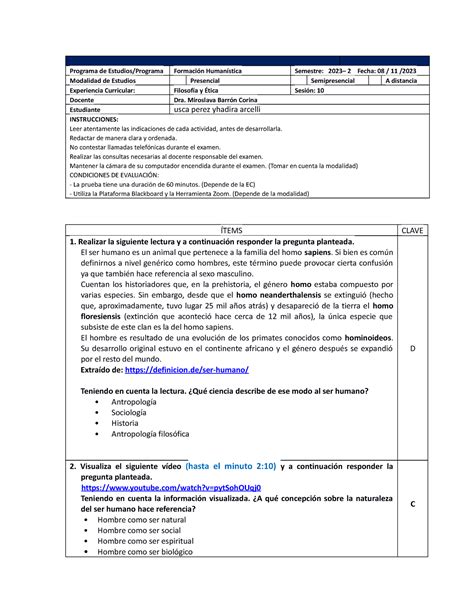 Examen Parcial II Filosofía Y Etica 2023 2 OK Programa de Estudios