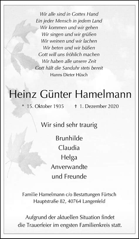 Traueranzeigen Von Heinz G Nter Hamelmann Trauer In Nrw De