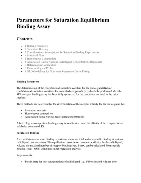 Parameters For Saturation Equilibrium Binding Assay