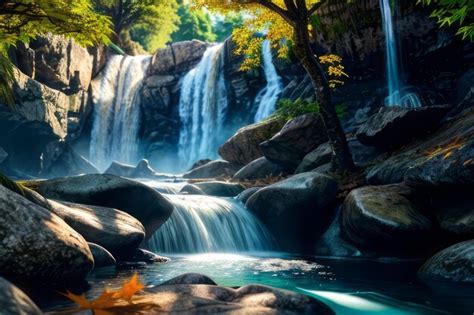 Premium Photo | Waterfall landscape with maple tree relaxing background ...