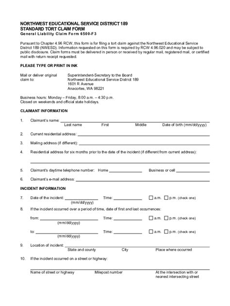 Fillable Online Washington State Standard Tort Claim Form Fax Email Print Pdffiller