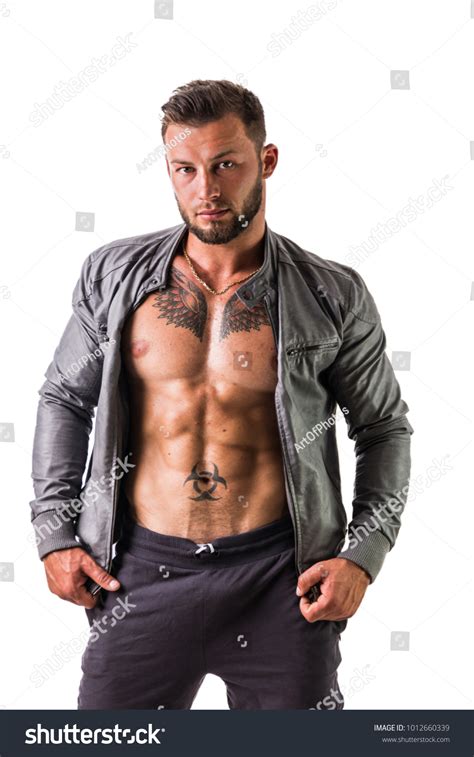 Muscular Man Leather Jacket On Naked Stock Photo Shutterstock