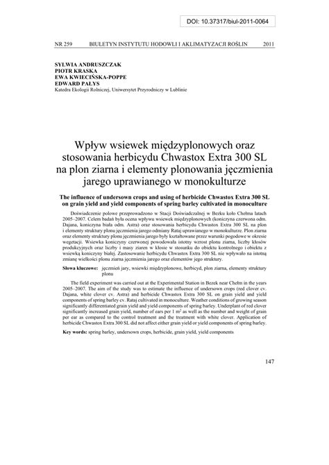 PDF Wpływ wsiewek międzyplonowych oraz stosowania herbicydu Chwastox