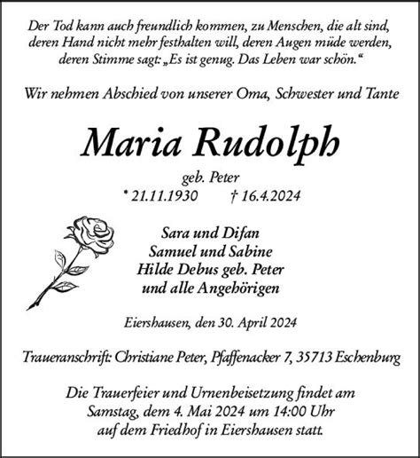 Traueranzeigen Von Maria Rudolph Vrm Trauer De