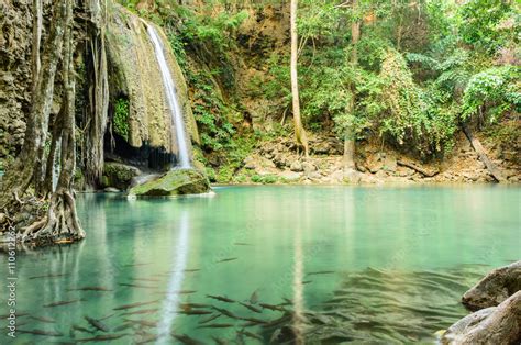 Erawan waterfall in morning in dry season at Erawan national par Stock ...