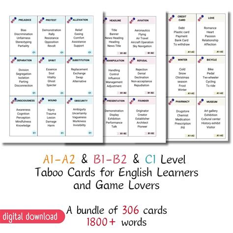 Printable A1 A2 B1 B2 And C1 English Taboo Cards 306 Cards For