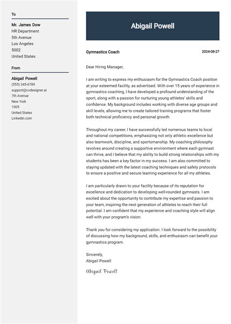 Gymnastics Coach Cover Letter Examples & Samples for 2024 - CVDesigner.ai