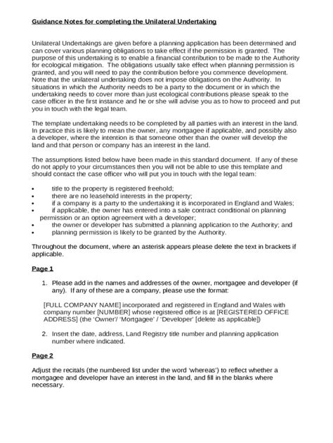 Guidance Notes For Completing The Template Unilateral Doc Template