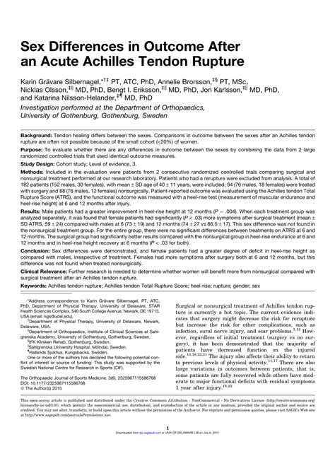 Pdf Sex Differences In Outcome After An Acute Achilles Tendon Rupture